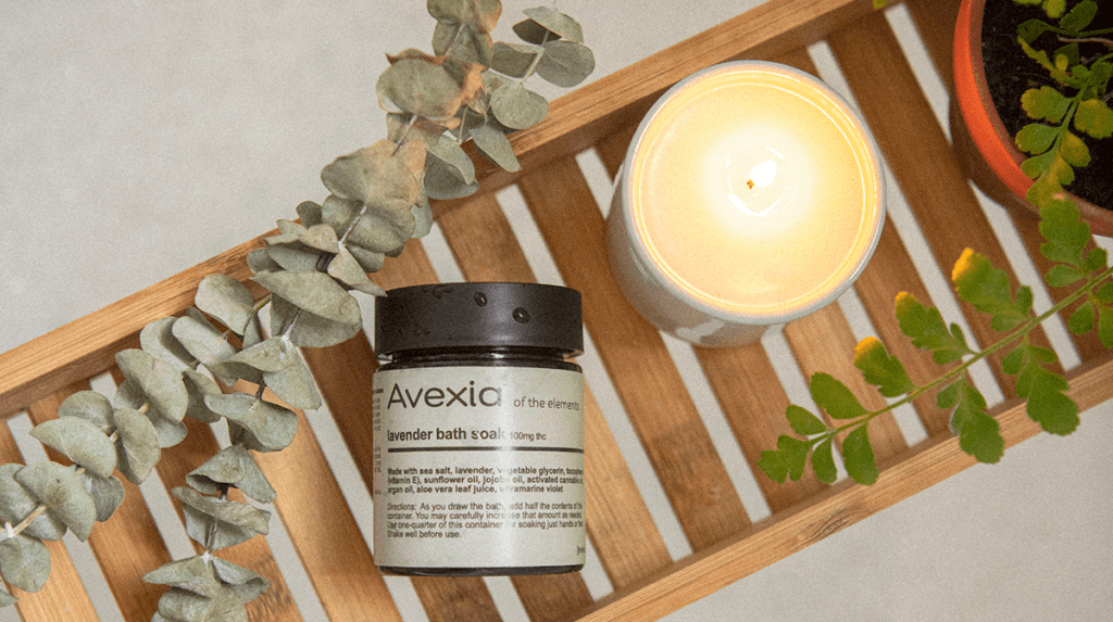 Avexia Lavender Bath Soak on Bath Tray with Candle